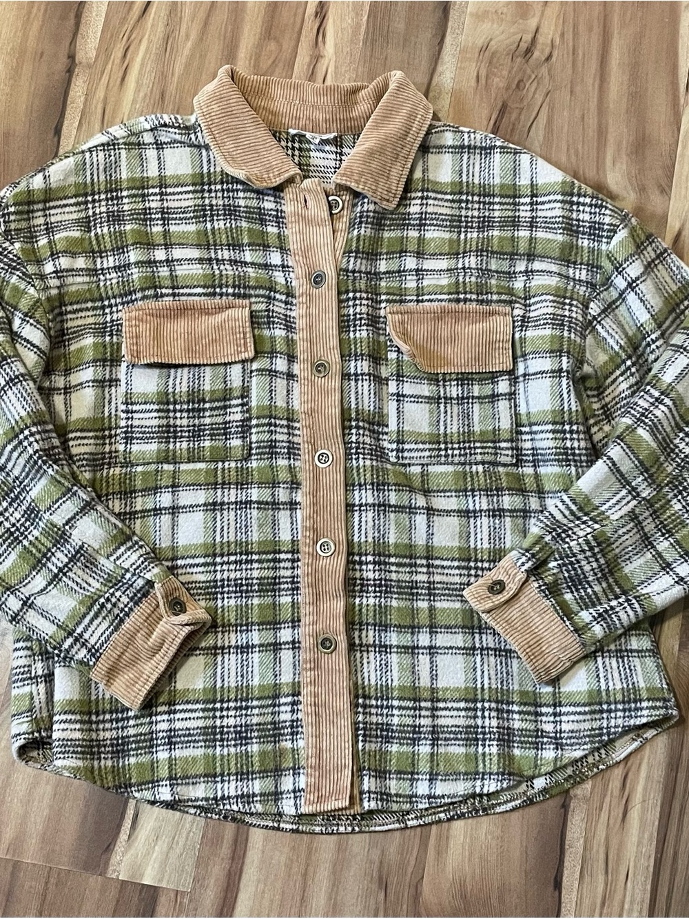 Easel Plaid Shacket Jacket Corduroy Trim Flannel Green Tan Sz S Oversized